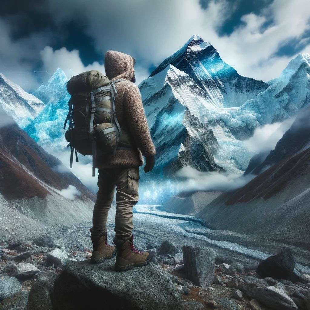 someone gazing at Mount Everest, a hologram projection